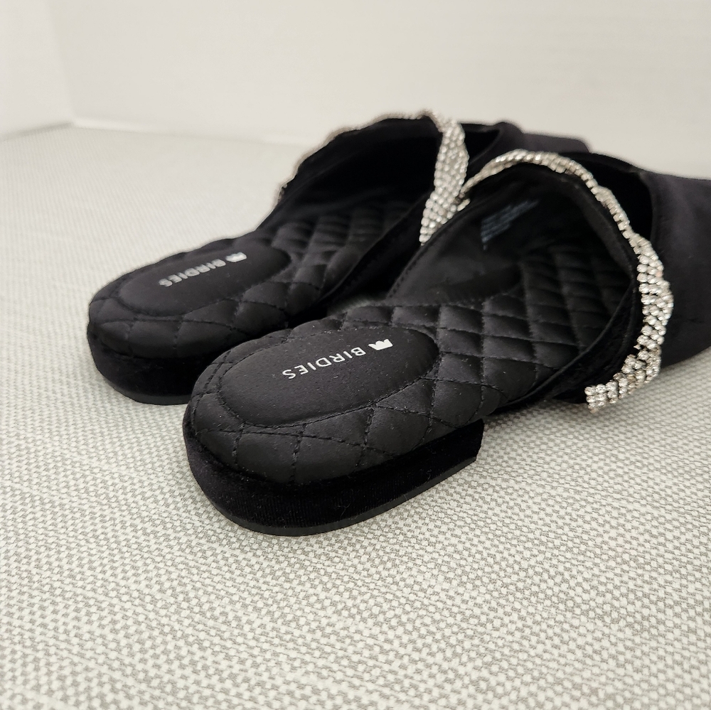 Birdies The Swan Size 8 Black Velvet Faux Crystal Mules Flat Shoes - Picture 8 of 14
